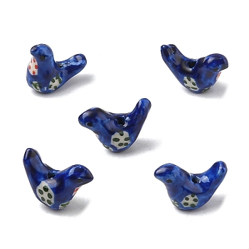 5Pcs Handmade Printed Porcelain Beads, Pigeon, Blue, 12.5~13x17~19x7~8.5mm, Hole: 1.5mm