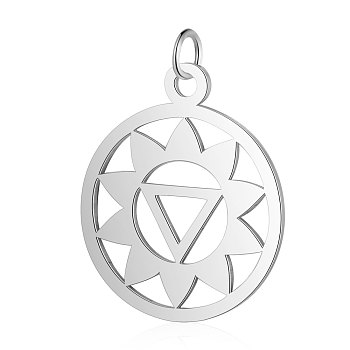304 Stainless Steel Pendants, Chakra, Manipura, Flat Round with Flower, Stainless Steel Color, 22.5x19x1mm, Hole: 3mm