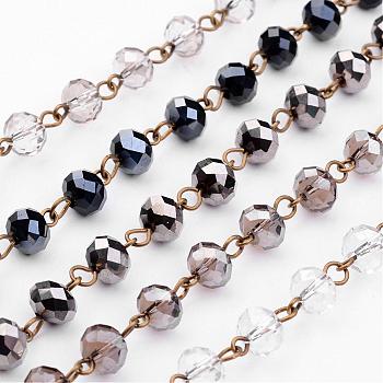 Handmade Rondelle Glass Beads Chains for Necklaces Bracelets Making, with Iron Eye Pin, Unwelded, Antique Bronze, Mixed Color, 39.37 inch(1m), 5 strands/set