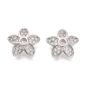 Brass Micro Pave Clear Cubic Zirconia Bead Caps, 5-Petal Flower, Platinum, 10x10x3mm, Hole: 1.5mm