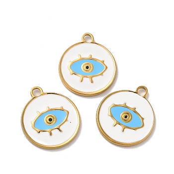 Ion Plating(IP) 304 Stainless Steel Enamel Pendants, Flat Round with Evil Eye Charm, Golden, 21.5x18.5x1.5mm, Hole: 2mm