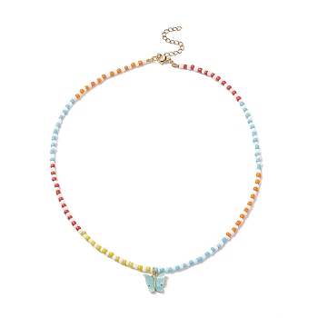 Resin Butterfly Pendant Necklaces, Glass Beaded Necklace with 304 Stainless Steel Lobster Claw Clasps & Extender Chain, for Women, Colorful, 17 inch(43.3cm)