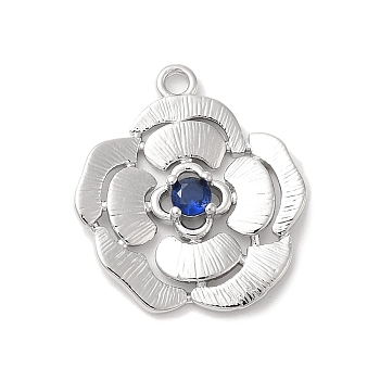 Brass Glass Pendants, Flower, Real Platinum Plated, Blue, 20x17.5x3mm, Hole: 1.6mm