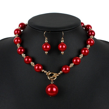 ABS Plastic Imitation Pearl Round Beaded Pendant Necklaces & Dangle Earrings Sets for Women, Red, 470mm