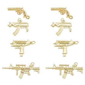 8Pcs 4 Style Brass Pendants, with Cubic Zirconia and Jump Rings, Gun, Real 18K Gold Plated, 16~22x8.5~40x3~4.5mm, Hole: 1.2~3.5mm, 2pcs/style