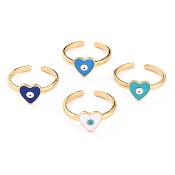 Brass Enamel Cuff Rings, Open Rings, Heart with Evil Eye, Real 18K Gold Plated, Mixed Color, US Size 6, Inner Diameter: 17mm