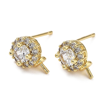 Brass Cubic Zirconia Stud Earring Findings, for Half Drilled Beads, Flat Round, Real 18K Gold Plated, 7.5mm, Pin: 0.9mm and 1mm