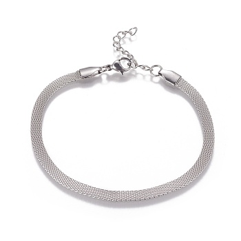 Stainless Steel Network Chains/Mesh Bracelets Bracelets, with Lobster Claw Clasps, Stainless Steel Color, 7-5/8 inch(19.3cm)~7-5/8 inch(19.5cm)