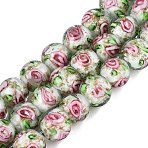 Luminous Handmade Lampwork & Glitter Powder Beads Strands, Round, with Inner Flower, Glow in the Dark, Floral White, 9.5~10mm, Hole: 1~1.6mm, about 40pcs/strand, 13.78~14.37 inch(35~36.5cm)(LAMP-Q041-01E)