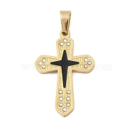 Ion Plating(IP) 304 Stainless Steel Enamel Rhinestone Pendants, Cross Charms, Real 18K Gold Plated, 32.5x20.5x2.5mm, Hole: 6x4mm(STAS-Q325-05I-G)
