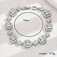 Brass Pave Clear Cubic Zirconia Octagon Link Bracelets for Women, Platinum(AJ3162-2)