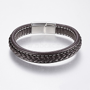 Braided Leather Cord Bracelets, with 304 Stainless Steel Magnetic Clasps, Coconut Brown, 8-5/8 inch(220mm), 29x14x8mm(X-BJEW-H561-07F)