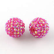 AB-Color Resin Rhinestone Beads, with Acrylic Round Beads Inside, for Bubblegum Jewelry, Magenta, 12x10mm, Hole: 2~2.5mm(RESI-S315-10x12-09)