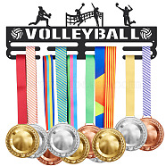 Iron Medal Holder Frame, Medals Display Hanger Rack, 2 Lines, with Screws, Rectangle with Word Curling, Volleyball Pattern, 150x400mm(ODIS-WH0022-028)