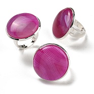 Natural Banded Agate Round Adjustable Rings, Lead Free & Cadmium Free, Silver Plated Brass Finger Rings for Women Men, Round: 28mm, Inner Diameter: 18mm(RJEW-K371-09S-20)