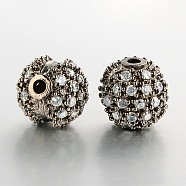 Brass Micro Pave Cubic Zirconia Round Beads, Clear, Gunmetal, 12mm, Hole: 2mm(ZIRC-J004-02B)