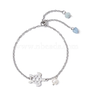 Adjustable 304 Stainless Steel Hollow Turtle Slider Bracelet, with Natural Aquamarine Chips Charms, Stainless Steel Color, Inner Diameter: 2-5/8 inch(6.8cm)(BJEW-JB09812-02)