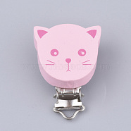 Maple Wood Kitten Baby Pacifier Holder Clips, Dyed, with Iron Clips, Cartoon Cat Head, Platinum, Pink, 46.5x34.5x17.5mm, Hole: 3.5x6mm(WOOD-T019-16C)