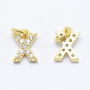 Brass Micro Pave Grade AAA Cubic Zirconia Charms, Letter X, Cadmium Free & Nickel Free & Lead Free, Real 18K Gold Plated, 8x6x1.5mm, Hole: 2mm(X-ZIRC-P067-11G-X-NR)