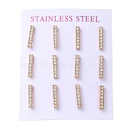 PVD Vacuum Plating 304 Stainless Steel Stud Earring, with Rhinestone, Rectangle, Rose Gold, 15x3mm, 12pcs/set(EJEW-C099-08RG)