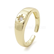 Rack Plating Brass Micro Pave Cubic Zirconia Open Cuff Rings, Star, Real 18K Gold Plated, Inner Diameter: 17.2mm(RJEW-K257-07G)