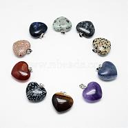Natural & Synthetic Gemstone Pendants, with Platinum Tone Iron Findings, Heart, 27~28x27~28.5x10~11mm, Hole: 3x5mm(G-T010-03)