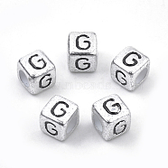 Plated Acrylic Beads, Horizontal Hole, Cube with Letter, Antique Silver, Letter.G, 6mm, Hole: 3mm(X1-PB43C9308-G-01)