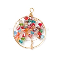 Electroplate Glass Pendants, with Real 18K Gold Plated Tone Eco-Friendly Copper Wire, Ring with Tree, Colorful, 47~50x38~39x5~6mm, Hole: 2.5~4.5mm(PALLOY-JF01546-04)