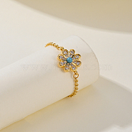 Vintage Brass Cubic Zirconia Flower Adjustable Chain Women's Ring, Real 18K Gold Plated(RS9659)