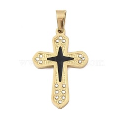 Ion Plating(IP) 304 Stainless Steel Enamel Rhinestone Pendants, Cross Charms, Real 18K Gold Plated, 32.5x20.5x2.5mm, Hole: 6x4mm(STAS-Q325-05I-G)