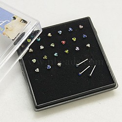 304 Stainless Steel Heart Nose Studs Nose Bone Rings, Nose Piercing Jewelry, with Grade A Rhinestones, Mixed Color, 10mm, Bar Length: 1/4"(6.3mm), Pin: 20 Gauge(0.8mm), 24pcs/box(AJEW-D007-3A)