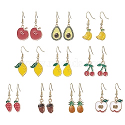 10 Pairs 10 Styles Fruit Alloy Enamel Dangle Earrings for Women, Golden, Mixed Color, 34~40x8mm, 1 pair/style(EJEW-JE05905)