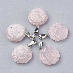 Natural Rose Quartz Pendants, with Stainless Steel Snap On Bails, Flower, 23x20x6~7mm, Hole: 7x4mm(X-G-S343-15)