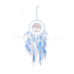 Iron & Brass Wire Woven Web/Net with Feather Pendant Decorations, with Plastic and Crackle Glass Beads, Covered with Leather Cord, Flat Round with Tree of Life, Colorful, 685mm(AJEW-B017-29)