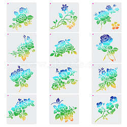 12Pcs 12 Styles PET Plastic Drawing Painting Stencils Templates, Rectangle, Rose Pattern, 197x197x0.2mm, Hole: 5mm, 1pc/style(AJEW-WH0165-27C)