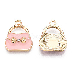 Alloy Enamel Pendants, with Crystal Rhinestone, Light Gold, Bag, Pink, 19x16x3mm, Hole: 2mm(ENAM-S119-050D)