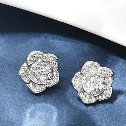 Flower Brass Micro Pave Clear Cubic Zirconia Stud Earrings, Long-Lasting Plated, Cadmium Free & Lead Free, Rack Plating, Platinum, 14.5x15mm(EJEW-M082-19P)