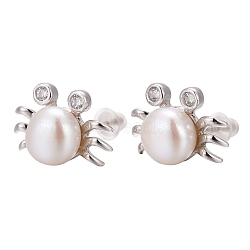 Crab Platinum Tone 925 Sterling Silver Cubic Zirconia Ball Ear Studs, with Freshwater Pearl Beads, Seashell Color, 9.5x12mm, Pin: 0.8mm(EJEW-E174-04P)
