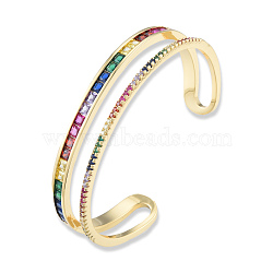 Colorful Cubic Zirconia Double Line Open Cuff Bangle, Brass Jewelry for Women, Nickel Free, Golden, Inner Diameter: 2-1/4 inch(5.65cm)(BJEW-N014-011)