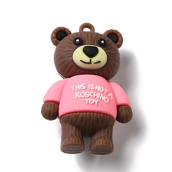 PVC Plastic Cartoon Big Pendants, Little Bear with Word Charms, for DIY Keychain Making, Pink, 52x34.5x20mm, Hole: 2.7mm