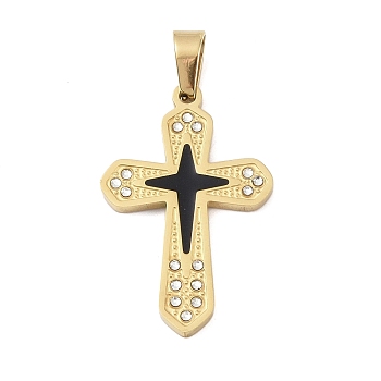 Ion Plating(IP) 304 Stainless Steel Enamel Rhinestone Pendants, Cross Charms, Real 18K Gold Plated, 32.5x20.5x2.5mm, Hole: 6x4mm