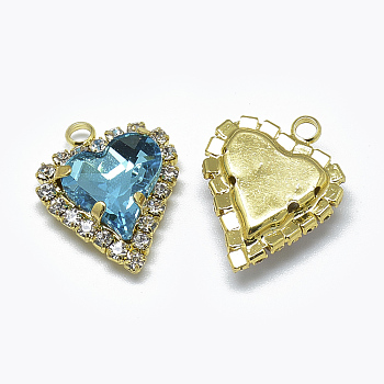 Glass Rhinestone Pendants, with Light Gold Tone Brass Findings, Heart, Aquamarine, 21x16.5x6mm, Hole: 2mm