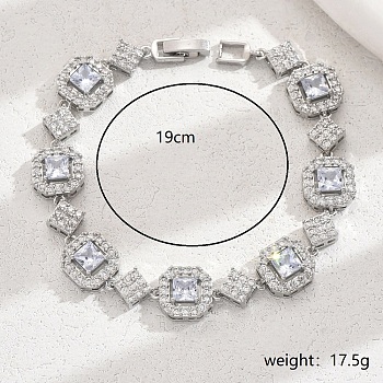 Brass Pave Clear Cubic Zirconia Octagon Link Bracelets for Women, Platinum