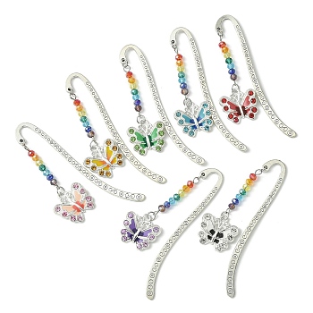 Butterfly Alloy Enamel & Rhinestone Pendants Bookmarks, Hook Bookmark with Chakra Electroplate Glass Beads, Mixed Color, 83mm, 7 colors, 1pc/color, 7pcs/set