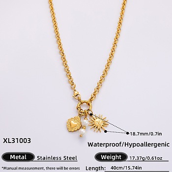 Ocean 304 Stainless Steel & Faux Pearl Pendant Necklaces, Real 18K Gold Plated, White, Sun, 15.75 inch(40cm), pendant: 18.7mm