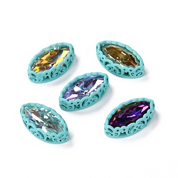 Sew on Rhinestone, Glass Rhinestone, with Brass Findings, Garments Accessories, Horse Eye, Mixed Color, Cyan, 17.5x9.5x5.5mm, Hole: 0.8mm