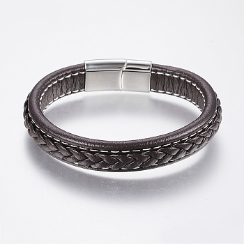 Braided Leather Cord Bracelets, with 304 Stainless Steel Magnetic Clasps, Coconut Brown, 8-5/8 inch(220mm), 29x14x8mm