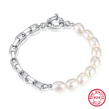 Natural Pearl Beaded Bracelet with 925 Sterling Silver Box Chains