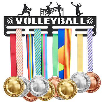 Iron Medal Holder Frame, Medals Display Hanger Rack, 2 Lines, with Screws, Rectangle with Word Curling, Volleyball Pattern, 150x400mm