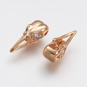 Brass Micro Pave Grade AAA Cubic Zirconia Beads, Bird Skull, Cadmium Free & Nickel Free & Lead Free, Real 18K Gold Plated, 18x7x5.5mm, Hole: 2mm